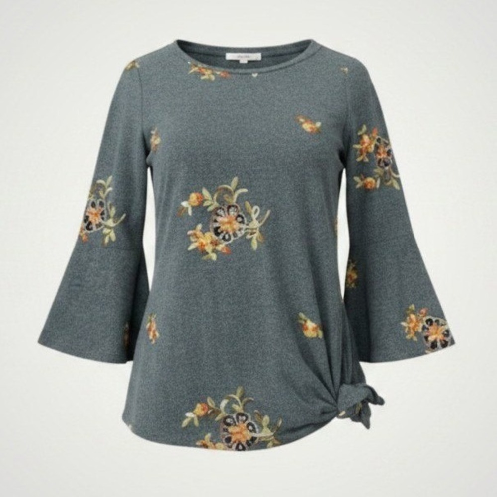 Figueroa & Flower Floral Embroidered Bell Sleeve Top Petite Medium Blue Side Tie